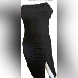 City Studio Little Black Dress w/Feathers, Ruched Front, Front Slit, Sz 7/8 NWT